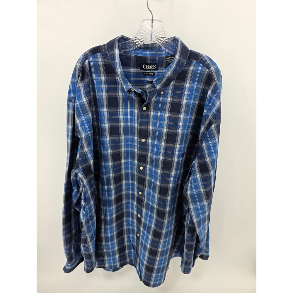 Chaps Easy Care Mens 4XLT Plaid Button Down Shirt Blue Navy Long Sleeve